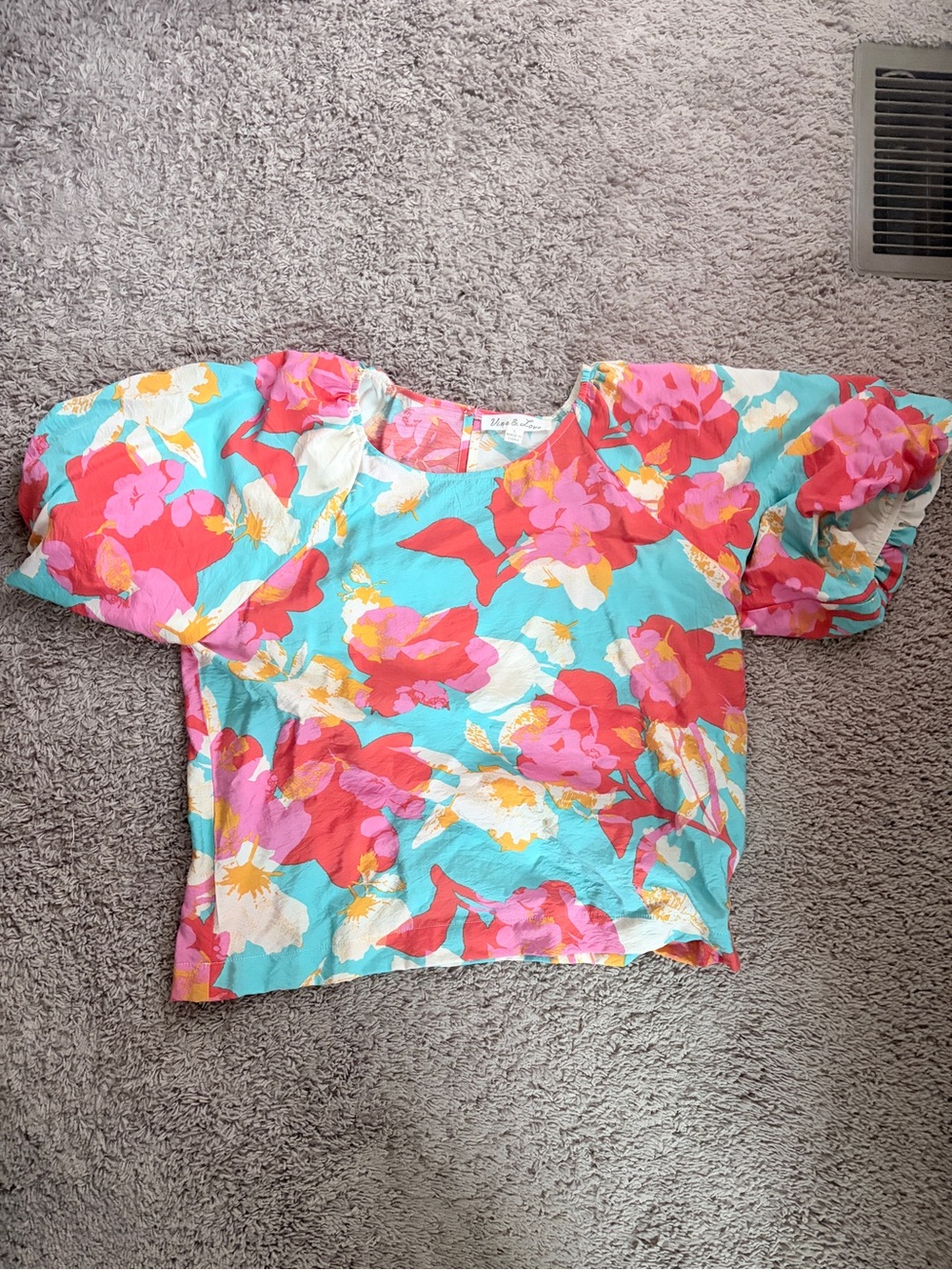 First Love Aqua Floral Puff-Sleeve Crop Top